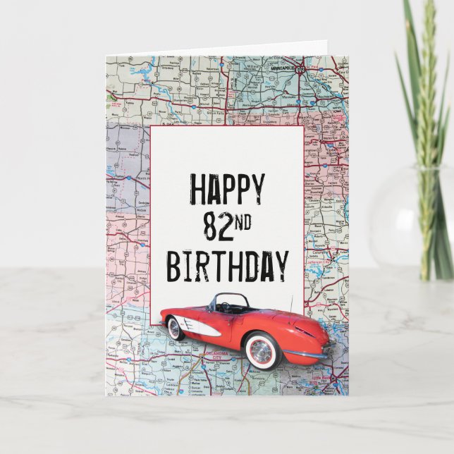 82nd Birthday Retro Corvette on Map  Card (Front)