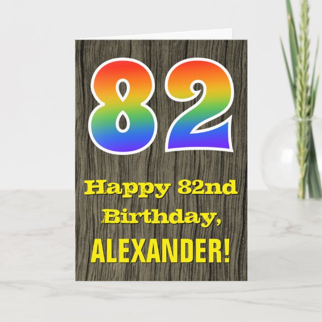 82nd Birthday: Rustic Faux Wood Look, Rainbow "82" Card (Front)