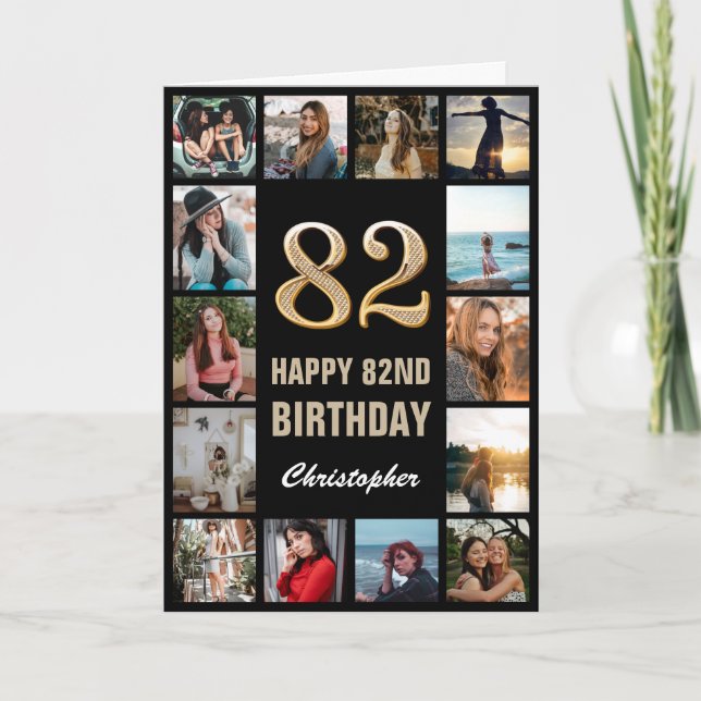 82nd Happy Birthday Black and Gold Photo Collage Card (Front)