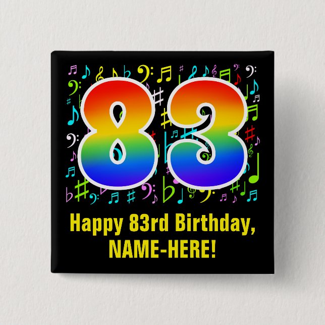 83rd Birthday: Colourful Music Symbols, Rainbow 83 15 Cm Square Badge (Front)