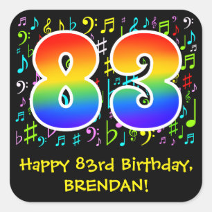 83rd Birthday: Colourful Music Symbols, Rainbow 83 Square Sticker