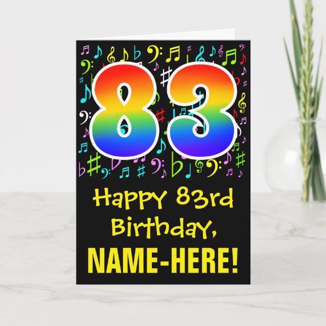 83rd Birthday: Colourful Music Symbols + Rainbow 8 Card (Front)