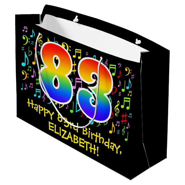 83rd Birthday - Colourful Music Symbols, Rainbow 8 Large Gift Bag (Back Angled)