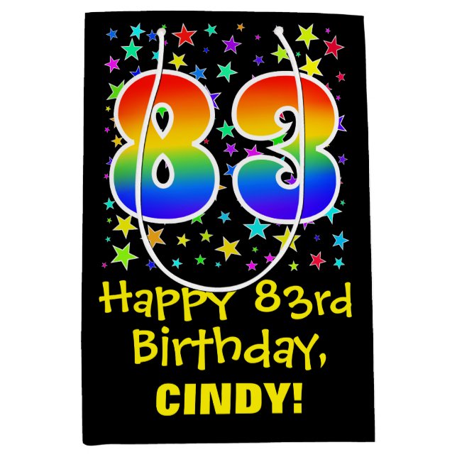 83rd Birthday: Colourful Stars Pattern & Rainbow 8 Medium Gift Bag (Front)