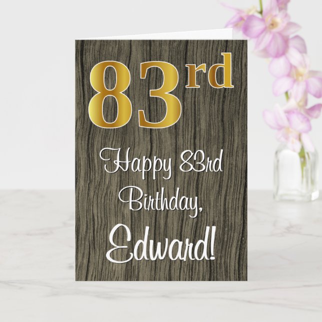 83rd Birthday: Elegant Faux Gold Look #, Faux Wood Card (Orchid)