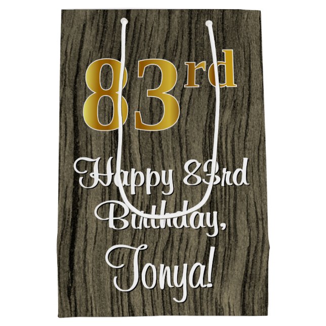 83rd Birthday: Elegant Faux Gold Look #, Faux Wood Medium Gift Bag (Back)