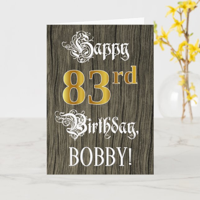 83rd Birthday: Faux Gold Look + Faux Wood Pattern Card (Yellow Flower)