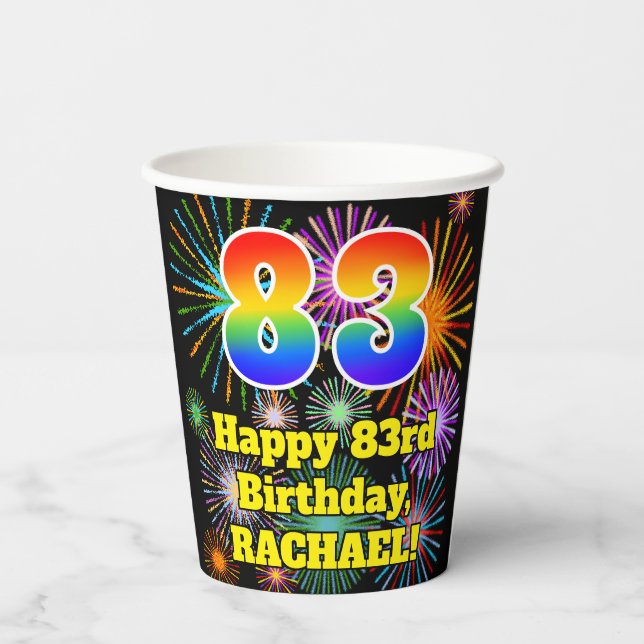 83rd Birthday: Fun Fireworks Pattern + Rainbow 83 Paper Cups (Back)