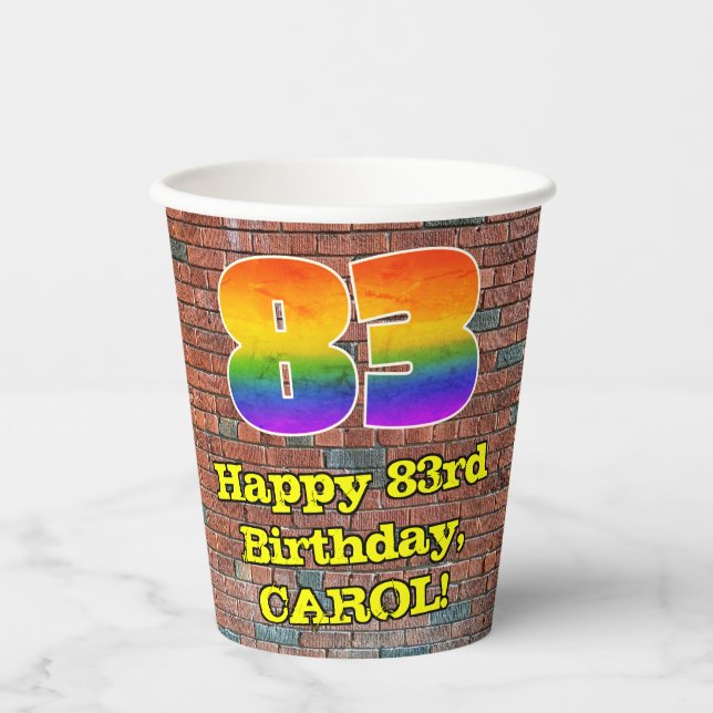 83rd Birthday: Fun Graffiti-Inspired Rainbow 83 Paper Cups (Front)