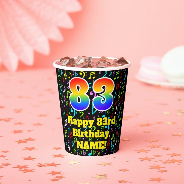 83rd Birthday: Fun Music Notes Pattern, Rainbow 83 Paper Cups (Insitu)