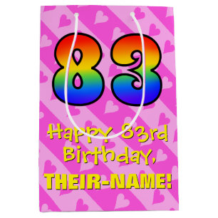 83rd Birthday: Fun Pink Hearts Stripes; Rainbow 83 Medium Gift Bag