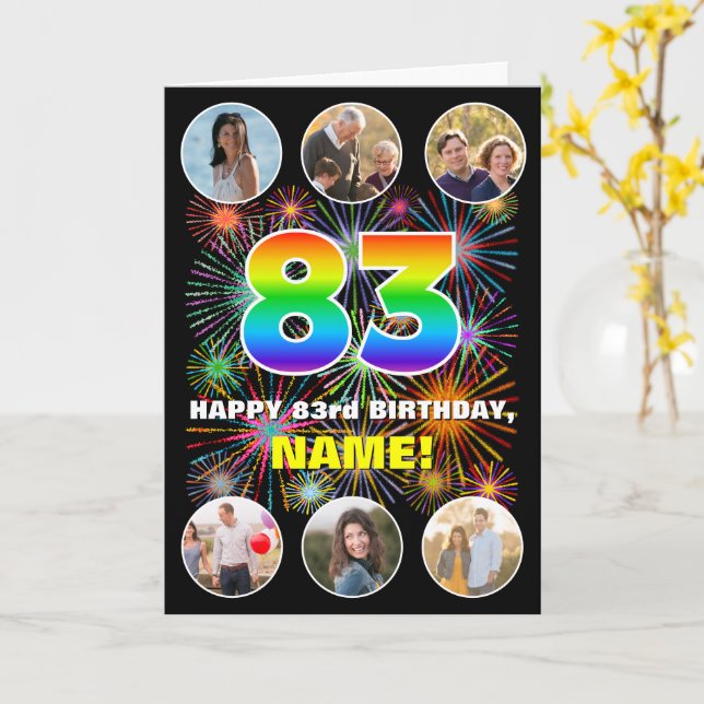 83rd Birthday: Fun Rainbow #, Custom Name & Photos Card (Yellow Flower)