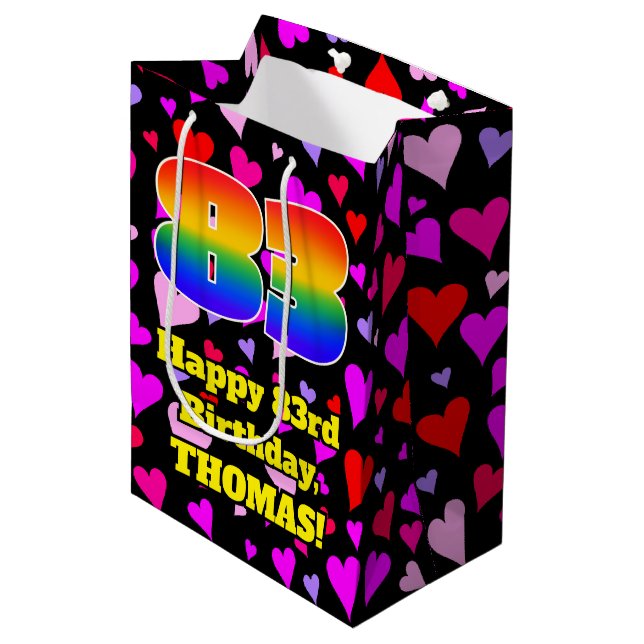 83rd Birthday: Loving Hearts Pattern, Rainbow # 83 Medium Gift Bag (Front Angled)