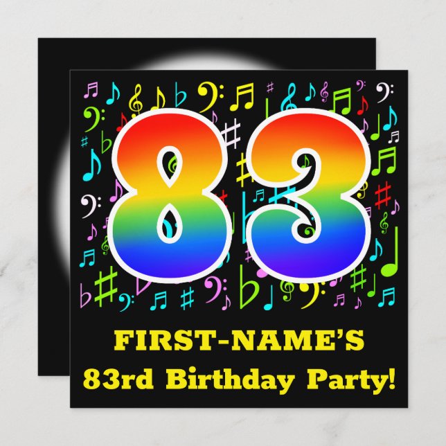 83rd Birthday Party: Fun Music Symbols, Rainbow 83 Invitation (Front/Back)