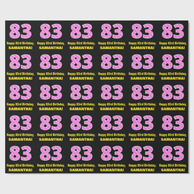 83rd Birthday: Pink Stripes and Hearts "83" + Name Wrapping Paper (Flat)