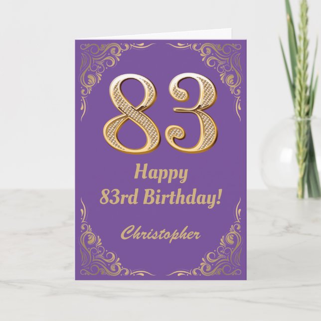 83rd Birthday Purple and Gold Glitter Frame Card (Front)