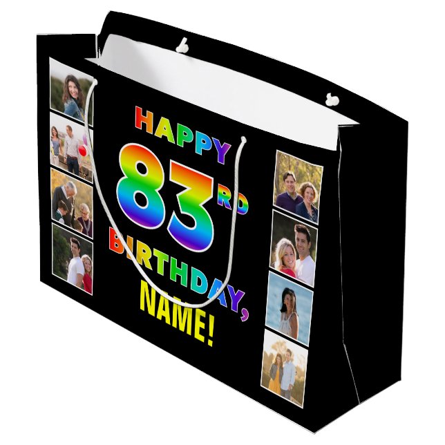 83rd Birthday: Rainbow Text, Custom Photos & Name Large Gift Bag (Back Angled)