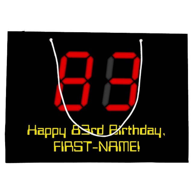 83rd Birthday: Red Digital Clock Style "83" + Name Large Gift Bag (Back)