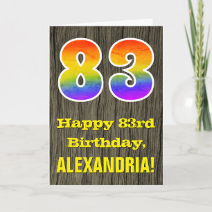 83rd Birthday: Rustic Faux Wood Look, Rainbow "83" Card