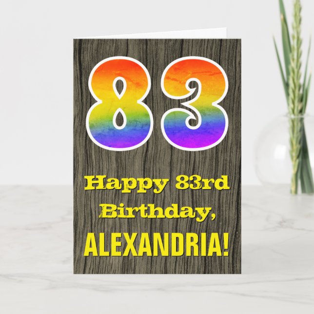 83rd Birthday: Rustic Faux Wood Look, Rainbow "83" Card (Front)