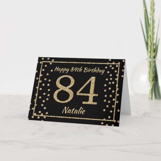 84th Birthday Black and Gold Glitter Confetti Card (Front)