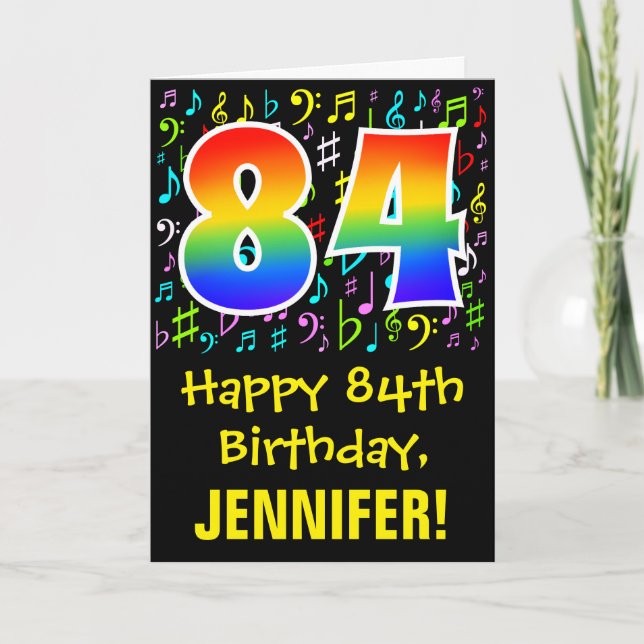 84th Birthday: Colorful Music Symbols + Rainbow 84 Card (Front)
