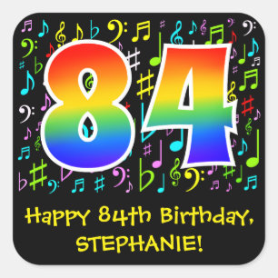 84th Birthday: Colourful Music Symbols, Rainbow 84 Square Sticker