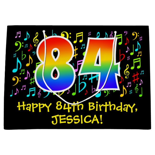 84th Birthday - Colourful Music Symbols, Rainbow 8 Large Gift Bag (Front)