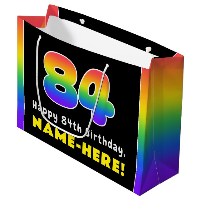 84th Birthday: Colourful Rainbow # 84, Custom Name Large Gift Bag (Front Angled)