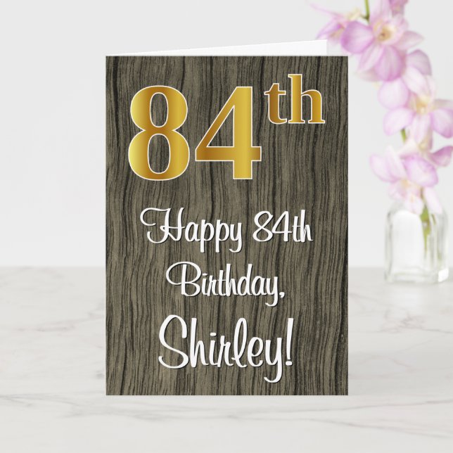 84th Birthday: Elegant Faux Gold Look #, Faux Wood Card (Orchid)
