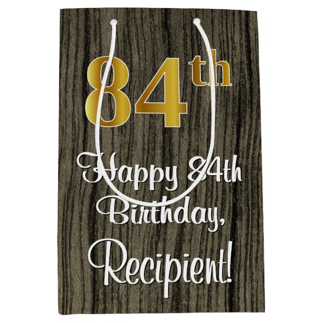 84th Birthday: Elegant Faux Gold Look #, Faux Wood Medium Gift Bag (Front)
