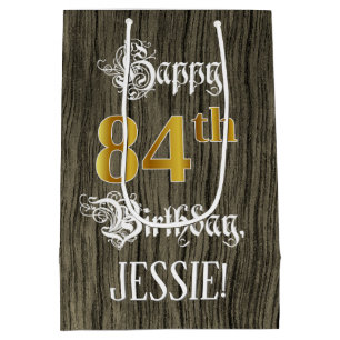 84th Birthday: Faux Gold Look & Faux Wood Pattern Medium Gift Bag