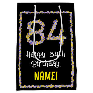 84th Birthday: Floral Flowers Number, Custom Name Medium Gift Bag