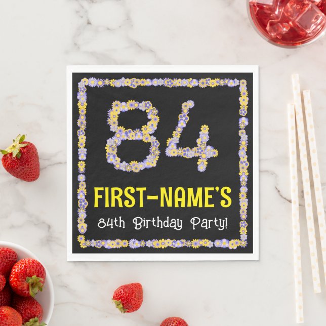 84th Birthday: Floral Flowers Number, Custom Name Napkin (Insitu)