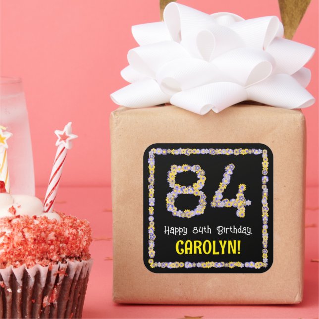 84th Birthday: Floral Flowers Number, Custom Name Square Sticker (Party)