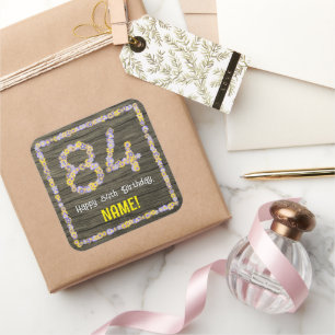84th Birthday: Floral Number, Faux Wood Look, Name Square Sticker