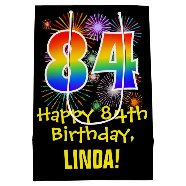 84th Birthday: Fun Fireworks Pattern + Rainbow 84 Medium Gift Bag (Back)