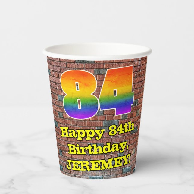 84th Birthday: Fun Graffiti-Inspired Rainbow 84 Paper Cups (Back)