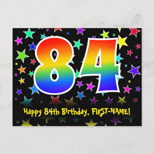 84th Birthday: Fun Stars Pattern, Rainbow 84, Name Postcard (Front)
