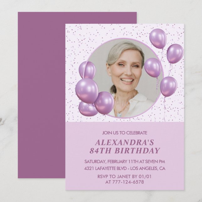 84th birthday invitations Photo Purple Balloons (Front/Back)
