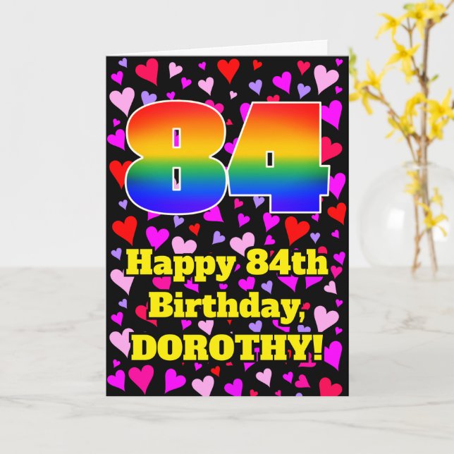 84th Birthday: Loving Hearts Pattern, Rainbow # 84 Card (Yellow Flower)