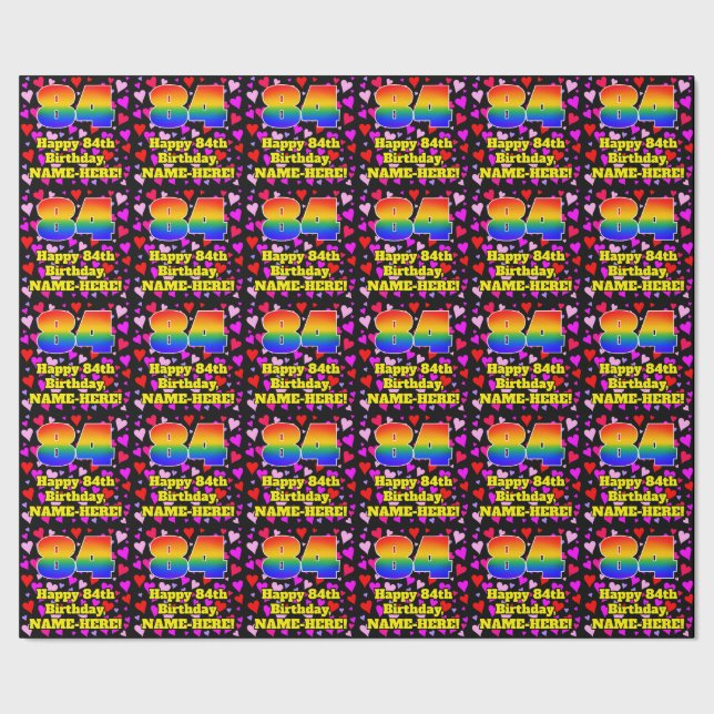 84th Birthday: Loving Hearts Pattern, Rainbow # 84 Wrapping Paper (Seam)