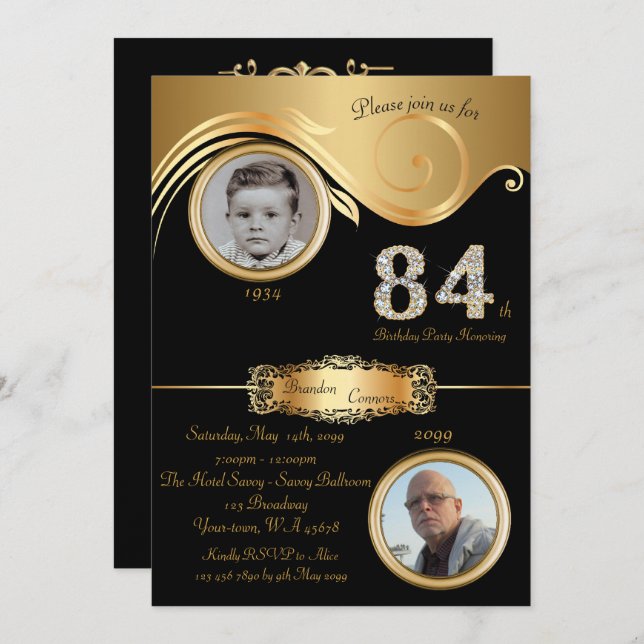 84th,Birthday Man 84th,elegant art deco,black gold Invitation (Front/Back)