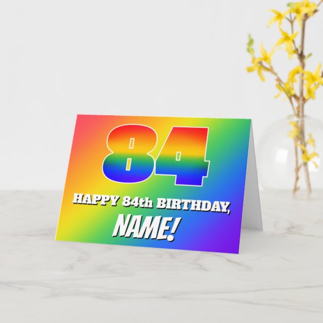 84th Birthday: Multicolored Rainbow Pattern # 84 Card (Yellow Flower)