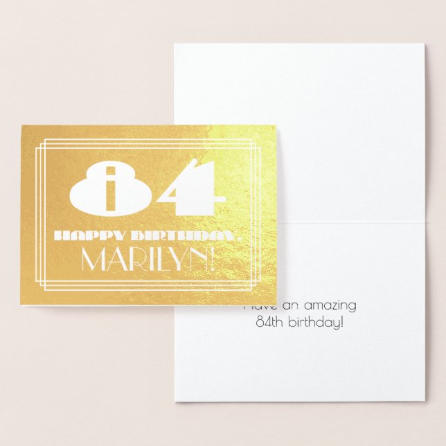 84th Birthday: Name + Art Deco Inspired Look "84" Foil Card (Display)