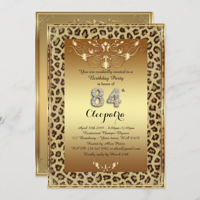 84th, Birthday Party 84th, Royal Cheetah gold plus Invitation (Front/Back)