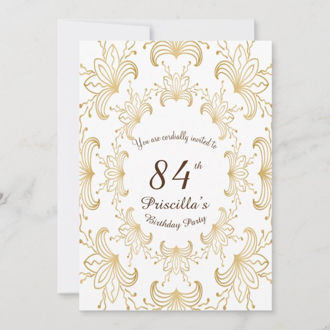 84th,Birthday Party,Art Deco,Flower,gold,white Invitation (Front)