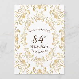 84th,Birthday Party,Art Deco,Flower,gold,white Invitation
