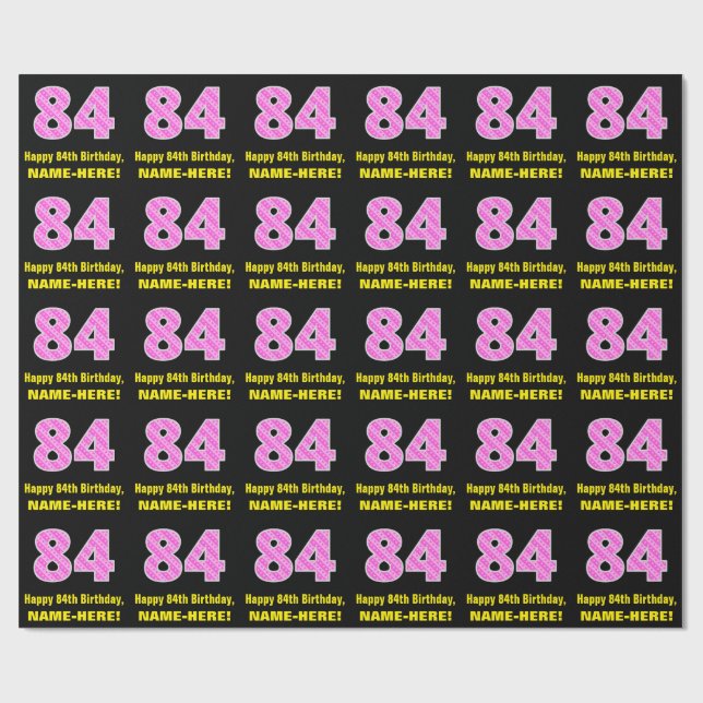 84th Birthday: Pink Stripes and Hearts "84" + Name Wrapping Paper (Flat)