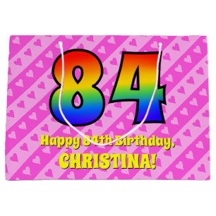 84th Birthday: Pink Stripes & Hearts, Rainbow # 84 Large Gift Bag